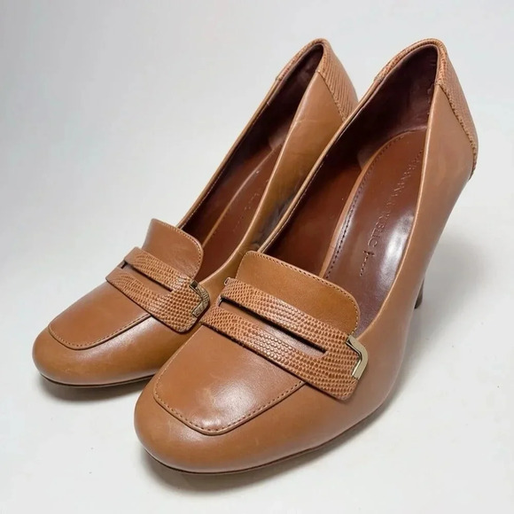 Banana Republic Womnes 7  Leather Buckle Accent Stacked Heel Slip-on Cognac - Picture 3 of 12